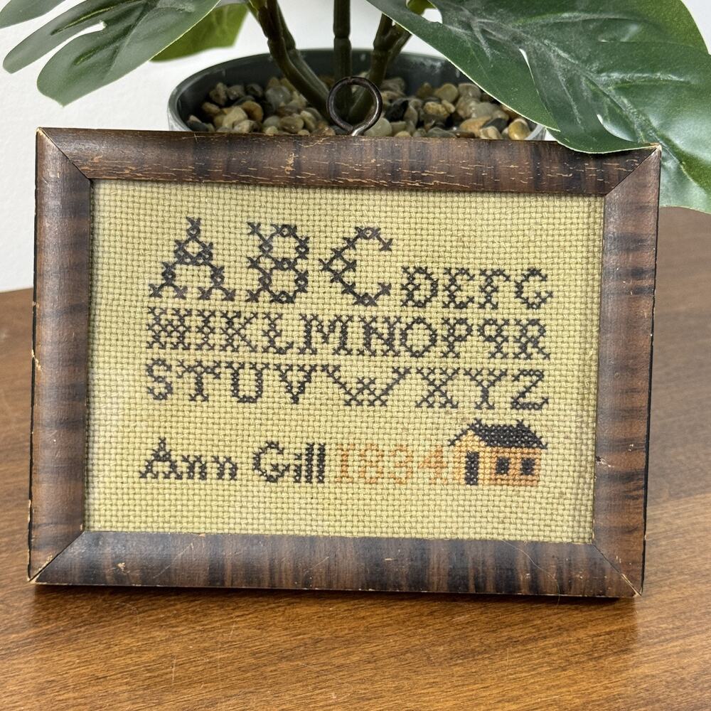 Vintage Framed Cross Stitch Sampler ABC Alphabet Ann Gill 1834 House Home Decor